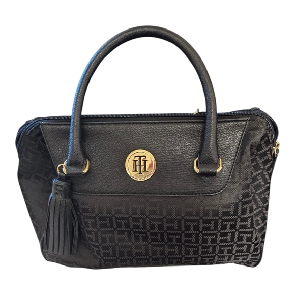 TOMMY HILFIGER Signature Jacquard Black Satchel with Large Tassel - Picture 5 of 8